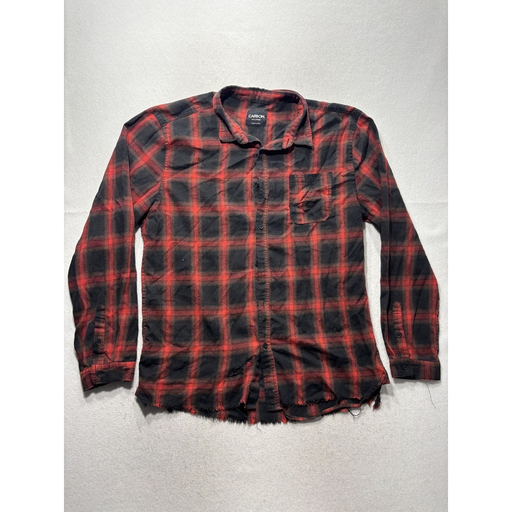 Carbon Shirt Mens 2XL Red Plaid Flannel Long Sleeve Distressed Hem Button Up